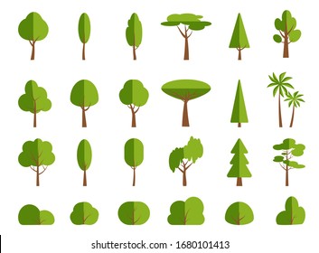 Árbol y arbusto verde plano, conjunto de iconos de dibujos animados. Diferentes formas de bosque primaveral, parque, jardín, abedul, abeto, palma, símbolo. Planta ecológica ecológica de temporada de verano, simple señal. Aislado en ilustración vectorial blanca