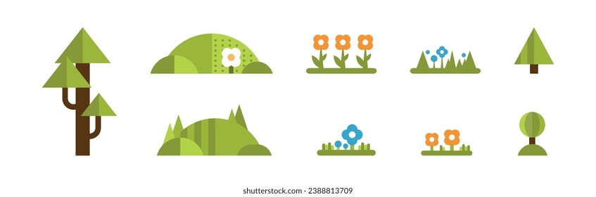 Juego de vectores Green Flat Tree, Hill and Flower Icons