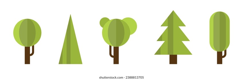 Iconos verdes de árbol plano con corona exuberante y conjunto de vectores de maletero
