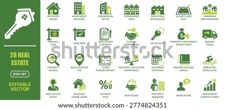 Green flat vector icons for real estate and property management. Features specific symbols including a detached house, apartment building, commercial office, moving truck, and mortgage loan percentage. Ideal for corporate presentations, broker websites, housing market infographics, and commercial property platforms.