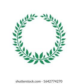 Green flat vector wreath isolated on white background, award champion symbol with round branch and leaves forming a laurel. Circle frame emblem icon - hand drawn illustration