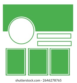 Modelo de wireframe de site plano verde com círculo de perfil, caixas de texto e layout de grade de imagem para modelos de design UX UI