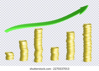 La flecha verde flexible y la moneda se apilan sobre transparente. Concepto de inversión y crecimiento financiero. Los impulsos de las noticias sobre acciones de negociación. Infografía comercial. Concepto creativo del movimiento del mercado de valores. 3.ᵉʳ vector