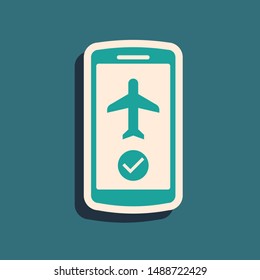 Green Flight mode in the mobile phone icon isolated on blue background. Airplane or aeroplane flight offline mode passenger regulation airline . Long shadow style. Vector Illustration