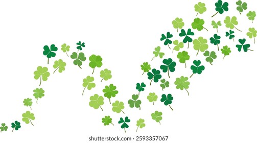 Green floating clover leaves flying dancing isolated on a transparent background celebration