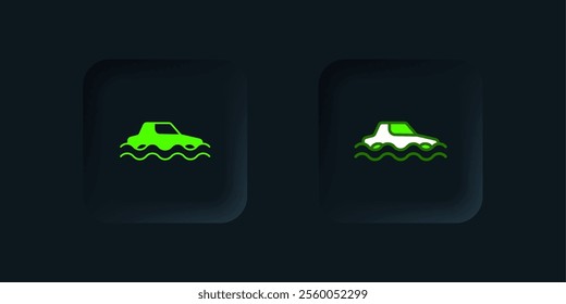 Green Flood car icon isolated on black background. Insurance concept. Flood disaster concept. Security, safety, protection, protect concept. Black square button. Vector