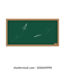Green floor board with a drawing of an origami paper plane and flight direction means freedom of thought, vector.