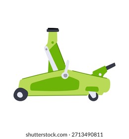 Ilustración plana de gato de piso verde que muestra el equipo de elevación hidráulica para el mantenimiento del vehículo y el cambio de neumáticos sobre un fondo blanco, Imagen de Vector de herramienta de garaje moderna