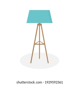 Green floor lamp on three wooden legs. A lamp for a bedroom, living room or desktop. Flat vector illustration