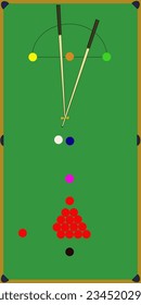 Green floor snooker table with balls of various colors , a cue stick and raise cue
