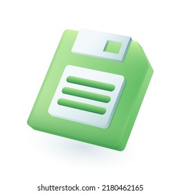 Green floppy disc 3D icon. Retro device for memory or digital data storage, vintage electronic equipment for office work 3D vector illustration on white background. Technology, information concept
