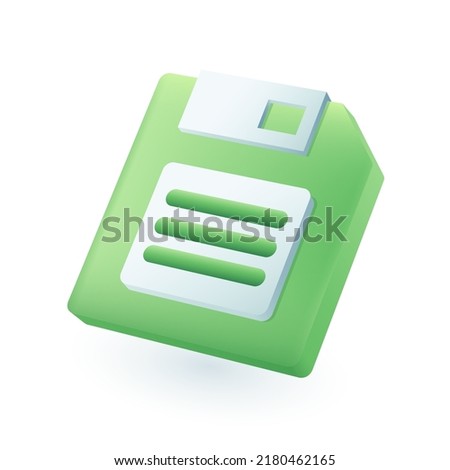 Green floppy disc 3D icon. Retro device for memory or digital data storage, vintage electronic equipment for office work 3D vector illustration on white background. Technology, information concept