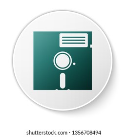 Green Floppy disk in the 5.25-inch icon isolated on white background. Floppy disk for computer data storage. Diskette sign. Green circle button. Vector Illustration