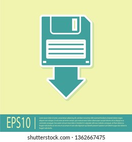 Green Floppy disk backup icon isolated on yellow background. Diskette sign. Flat design. Vector Illustration