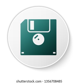 Green Floppy disk for computer data storage icon isolated on white background. Diskette sign. Green circle button. Vector Illustration