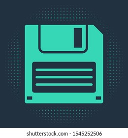 Green Floppy disk for computer data storage icon isolated on blue background. Diskette sign. Abstract circle random dots. Vector Illustration