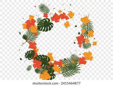 Green Flora Background Transparent Vector. Palm Aloha Illustration. Pink Hibiscus. Nature Pattern. Light Green Hawaiian Card.