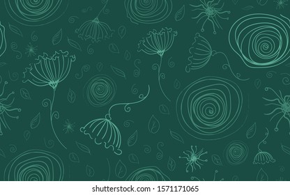 Green flora seamless pattern. Vector illustration wrapper for gifts. Summer natural background for printing on fabric. Flowers, foliage, circles and abstract doodles.
