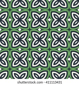 Green floral abstract background. Seamless pattern with symmetric geometric ornament. Ornamental mosaic texture. Vector illustration