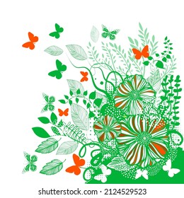 Green floral abstraction with butterflies and flowers . Hello summer. Vector illustration