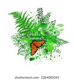 Green floral abstraction with orange butterfly. Hello summer. Vector illustration