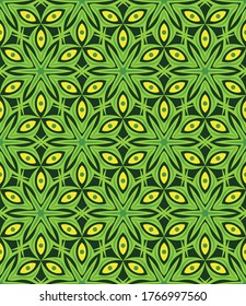 grüne Blumen- und Kunstelemente, Kreise, gelbe Segmente sind in einer bestimmten Reihenfolge auf schwarzem Hintergrund angeordnet. abstraktes nahtloses Muster. Vektorgrafik