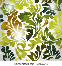 Green floral background.