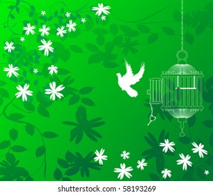 A green floral background with a bird flying out of a cage