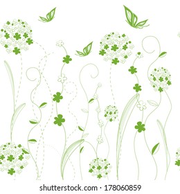 Green Floral background with butterflies on white  background.Seamless grassy texture.Endless horizontal floral pattern. You can use it in textile design, greeting cards, graphic design.