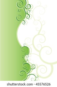 Green floral background with curls. Vector illustration