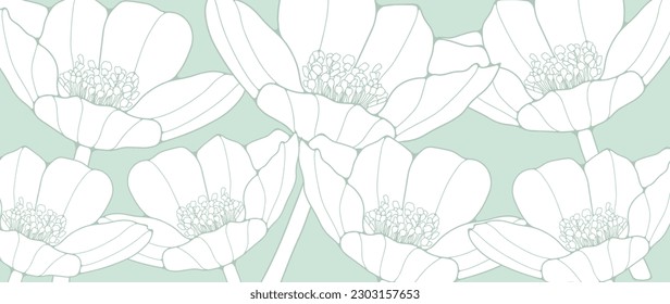 Green floral background with poppy flowers. Background for postcards, business cards, covers, decor and presentations