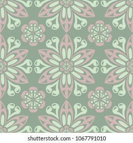 Green floral background. Seamless pattern with flower designs for wallpapers, textile and fabrics