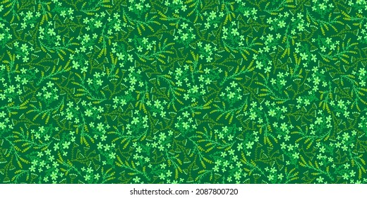 Fondo floral verde. Patrón vectorial sin foco con flores y plantas. Color verde