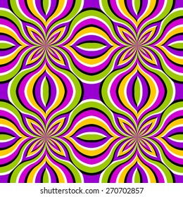 Green floral background with violet flowers (spin illusion). Seamless pattern.