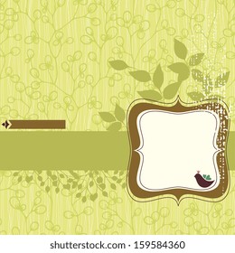 Green floral banner, frame with bird. Seamless background.