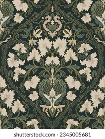 Green floral damask ornament. Seamless vintage pattern with ornamental flowers. Oriental background for wallpaper, textile, carpet and any surface.