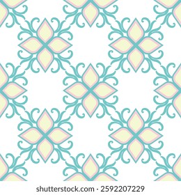 Green floral damask seamless vector pattern with decorative ornament. Vector illustration. Idea for wallpaper, carpets, curtains, rugs, pottery, and tiles.