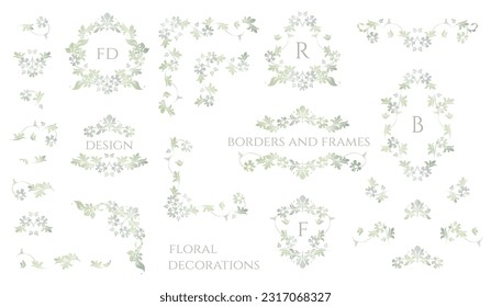 Green floral decor set. Silhouette drawing of flowers and leaves. Vintage frame, border, corner and frame monogram.