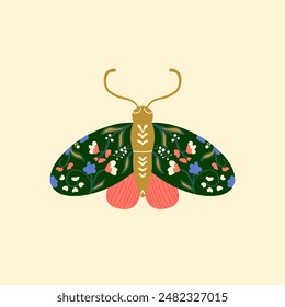 Green Floral Decorated Butterfly. Vector Illustration of The Insect. Natural Ornate Animal.