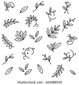 Green Floral Decorative Branch Leaves Plant Pattern. Color Flat Line Stroke Icon Pictogram Symbols.