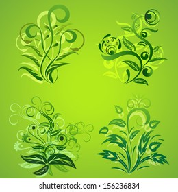 Green floral design elements isolated on green background.