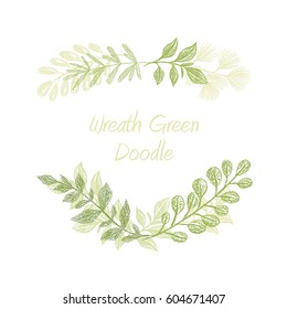 Green floral doodle branch border vector, greeting, invitation or wedding card template. Hand drawn greenery leaf frame.