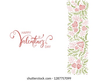 Green floral elements with red decorative hearts and lettering Happy Valentines Day on white background, illustration.