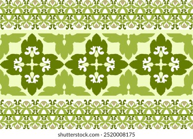 Green floral embroidery, motif ethnic ikat seamless textile illustration, print striped ornament, pattern, design for wrapping, silk, scarf, background, and textile.