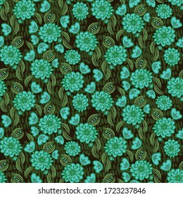 Green floral flowers and lesves seamless vector pattern. Nature themed surface print design. For fabrics, stationery and packaging.