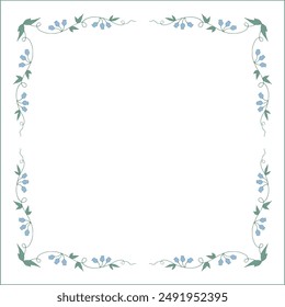 Green floral frame with blue bluebell flowers, bluebells decorative corners for greeting cards, banners, business cards, invitations, menus. Isolated vector illustration.