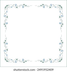 Green floral frame with blue bluebell flowers, bluebells decorative corners for greeting cards, banners, business cards, invitations, menus. Isolated vector illustration.