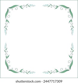 Green floral frame with blue flowers, lily of the valley decorative corners for greeting cards, banners, business cards, invitations, menus. Isolated vector illustration.	