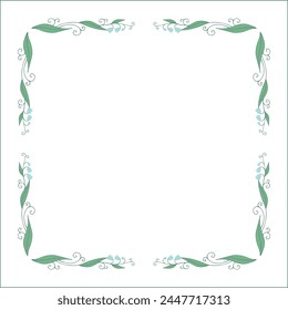 Green floral frame with blue flowers, lily of the valley decorative corners for greeting cards, banners, business cards, invitations, menus. Isolated vector illustration.	