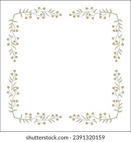  Green floral frame with heart shaped flowers, decorative corners for greeting cards, banners, business cards, invitations, menus. Isolated vector illustration.
